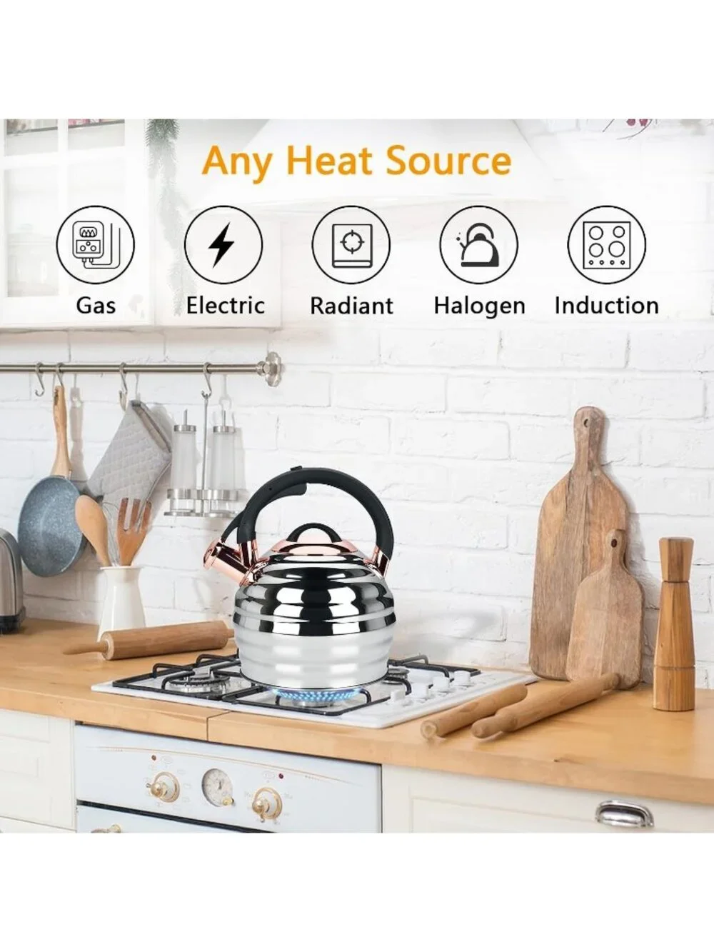 Gold Kitchen Whistling Teakettle 3.2Q Stainless Steel Stovetop Heat Proof Handle